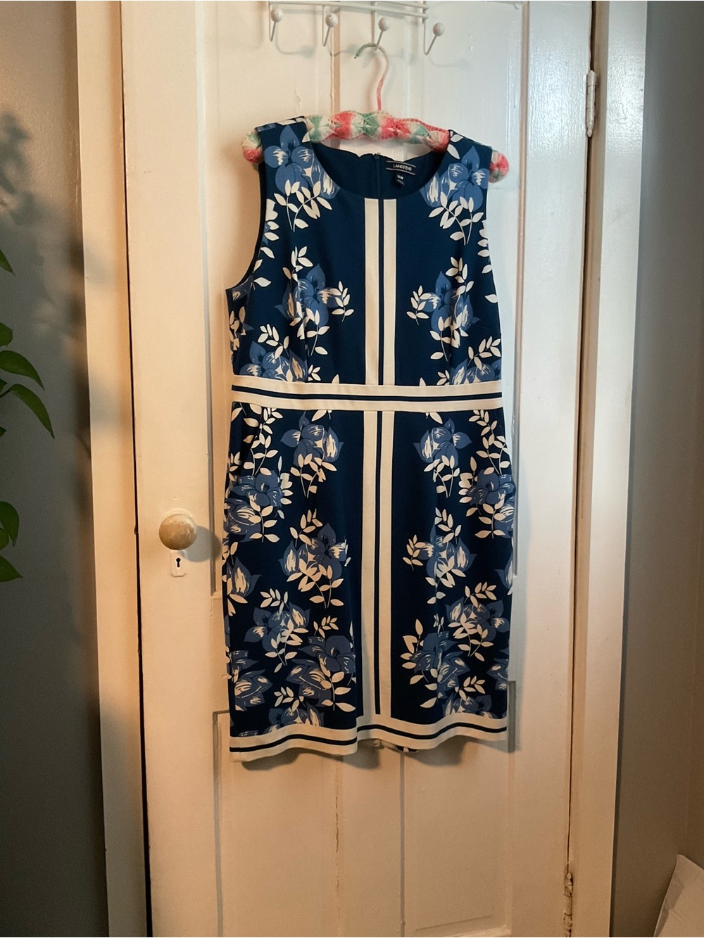 Lands' End Navy Floral Midi Dress with White Trim